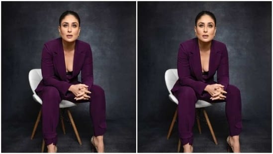 Kareena decked up in a purple blazer and a pair of matching formal trousers. She added more oomph to her look in animal printed stilettos and statement golden ear studs.&nbsp;(Instagram/@kareenakapoorkhan)