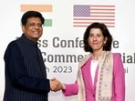 Union Minister of Commerce and Industry Piyush Goyal exchanges greetings with the United States (US) Secretary of Commerce Gina Raimondo at a joint press conference, in New Delhi on Friday. (ANI) Union Minister of Commerce and Industry Piyush Goyal exchanges greetings with the United States (US) Secretary of Commerce Gina Raimondo at a joint press conference, in New Delhi on Friday. (ANI)