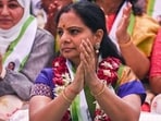 BRS leader K Kavitha during a hunger strike at Jantar Mantar in New Delhi on Friday