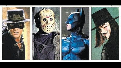 (Left to right) Antonio Banderas in The Mask of Zorro (1998). The character Jason Voorhees from Friday the 13th (1980). Christian Bale as Batman in The Dark Knight Rises (2012). V, an anar-chist freed-om fighter, wears the Guy Fawkes-inspired mask in V for Vendetta (2005). (Left to right) Antonio Banderas in The Mask of Zorro (1998). The character Jason Voorhees from Friday the 13th (1980). Christian Bale as Batman in The Dark Knight Rises (2012). V, an anar-chist freed-om fighter, wears the Guy Fawkes-inspired mask in V for Vendetta (2005).