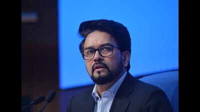 Anurag Thakur, minister of information and broadcasting, referred to the opposition parties’ criticism of Enforcement Directorate raids at locations connected to Lalu Prasad Yadav’s son Tejashwi Yadav (HT FILE PHOTO)