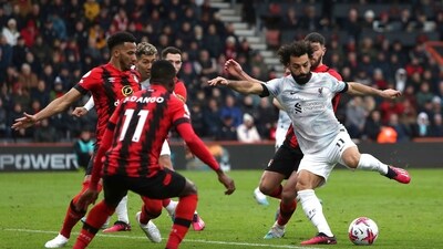 Liverpool's Mohamed Salah, right, attempts a shot on goal during the English Premier League soccer match between Bournemouth and Liverpool at the Vitality Stadium, Bournemouth, England, Saturday March 11, 2023. (Kieran Cleeves/PA via AP) (AP) Liverpool's Mohamed Salah, right, attempts a shot on goal during the English Premier League soccer match between Bournemouth and Liverpool at the Vitality Stadium, Bournemouth, England, Saturday March 11, 2023. (Kieran Cleeves/PA via AP) (AP)