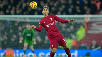 Liverpool's Roberto Firmino is in action during the English Premier League soccer match between Liverpool and Everton at the Anfield stadium in Liverpool, England, Monday, Feb. 13, 2023. (AP Photo/Jon Super) (AP)