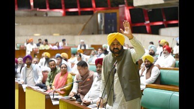 Chief minister Bhagwant Mann in Punjab Vidhan sabha in Chandigarh on Saturday. (Ravi Kumar/HT) Chief minister Bhagwant Mann in Punjab Vidhan sabha in Chandigarh on Saturday. (Ravi Kumar/HT)