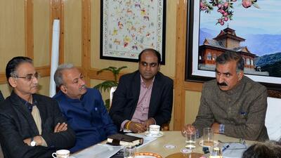 HP chief minister Sukhvinder Singh Sukhu presiding over a meeting of officials of Shongtong hydel project, in Shimla. (HT Photo)