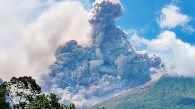 Indonesia Merapi Volcano Eruption: Mount Merapi volcano erupts, as seen from Cangkringan, Indonesia. (Reuters)