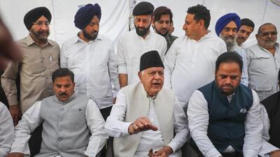 National Conference president Farooq Abdullah (centre) with leaders of various political parties addressing the media at his residence in Jammu on Saturday. (PTI) National Conference president Farooq Abdullah (centre) with leaders of various political parties addressing the media at his residence in Jammu on Saturday. (PTI)