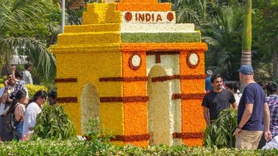 Visitor near a flower-made replica of the India Gate during the inauguration of the G20 Flower Festival at Central Park of the Connaught Place, in New Delhi. (PTI) Visitor near a flower-made replica of the India Gate during the inauguration of the G20 Flower Festival at Central Park of the Connaught Place, in New Delhi. (PTI)