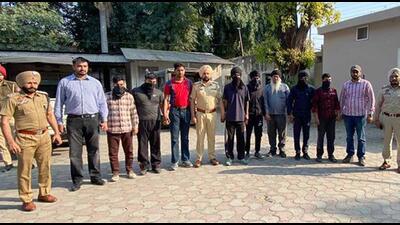 The six aides of gangster Lovejeet Kang in custody of the Ludhiana police on Thursday. (HT file)