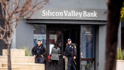 Police officers leave Silicon Valley Bank's headquarters in Santa Clara, California. (AFP) Police officers leave Silicon Valley Bank's headquarters in Santa Clara, California. (AFP)