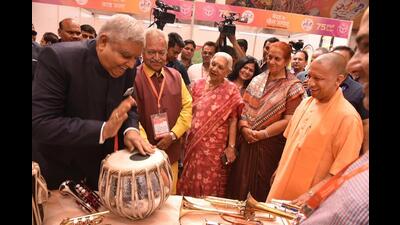 Vice President Jagdeep Dhankhar, Uttar Pradesh Governor Anandiben Patel and chief minister Yogi Adityanath at an exhibition during the ‘Ayurveda Mahasammelan’ in Meerut on Saturday. (PTI) Vice President Jagdeep Dhankhar, Uttar Pradesh Governor Anandiben Patel and chief minister Yogi Adityanath at an exhibition during the ‘Ayurveda Mahasammelan’ in Meerut on Saturday. (PTI)