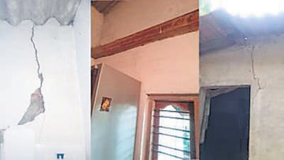 Villagers in Sathkoli of Chikkamagaluru district blame blasting of rocks as part of the Upper Bhadra irrigation project work for cracks in the walls of the houses. (HT Photo) Villagers in Sathkoli of Chikkamagaluru district blame blasting of rocks as part of the Upper Bhadra irrigation project work for cracks in the walls of the houses. (HT Photo)