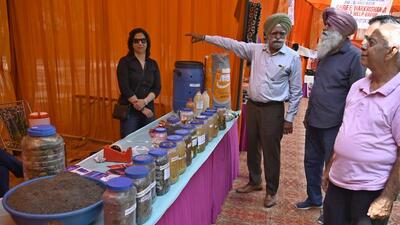 Visitors during the two-day exhibition of handmade, recycled products at Rose Garden in Ludhiana on Saturday. (Gurpreet Singh/HT) Visitors during the two-day exhibition of handmade, recycled products at Rose Garden in Ludhiana on Saturday. (Gurpreet Singh/HT)