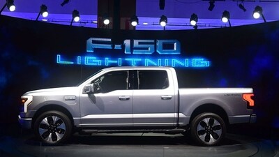 An all-electric F-150 Lightning from Ford is displayed at the Los Angeles Auto Show in Los Angeles. (AFP) An all-electric F-150 Lightning from Ford is displayed at the Los Angeles Auto Show in Los Angeles. (AFP)