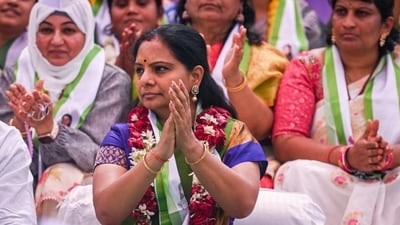 BRS leader K Kavitha during a hunger strike at Jantar Mantar in New Delhi on Friday (Raj K Raj/HT photo) BRS leader K Kavitha during a hunger strike at Jantar Mantar in New Delhi on Friday (Raj K Raj/HT photo)
