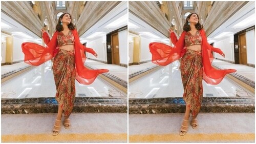 Add more drama to your look like Hina with a knot detail long skirt. (Instagram/@realhinakhan)