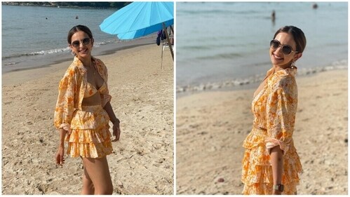 Rakul Preet's yellow floral mini skirt with mutiple frills is a must have for this summer season. (Instagram/@rakulpreet) Rakul Preet's yellow floral mini skirt with mutiple frills is a must have for this summer season. (Instagram/@rakulpreet)