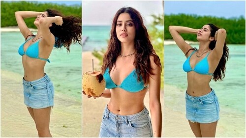 Janhvi dressed in a ribbed bikini top and distressed denim skirt styled with a beaded necklace is giving major summer holiday vibes. (Instagram) Janhvi dressed in a ribbed bikini top and distressed denim skirt styled with a beaded necklace is giving major summer holiday vibes. (Instagram)
