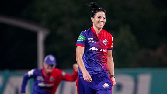 Delhi Capitals Marizanne Kapp celebrates the wicket of Gujarat Giants Laura Wolvaardt during the 2023 Women's Premier League (WPL) match(PTI)