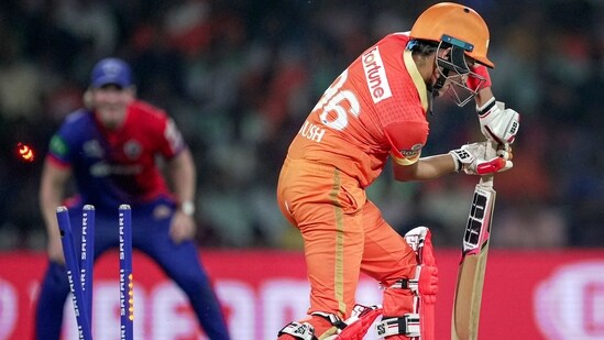 Gujarat Giants Sushma Verma gets clean bowled by Delhi Capitals Marizanne Kapp during the 2023 Women's Premier League (WPL) match(PTI)