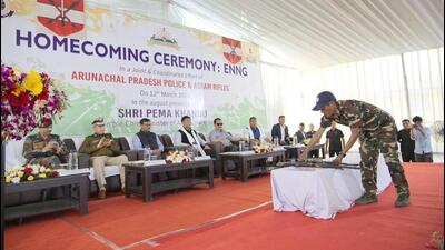 A large cache of arms and ammunition belonging to the Naga rebel outfit were also handed over at the surrender ceremony in Aunachal Pradesh’s Itanagar. (Twitter/Prema Khandu) A large cache of arms and ammunition belonging to the Naga rebel outfit were also handed over at the surrender ceremony in Aunachal Pradesh’s Itanagar. (Twitter/Prema Khandu)