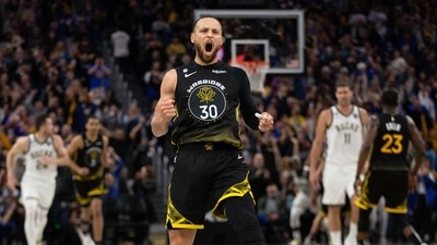 Golden State Warriors guard Stephen Curry (30) reacts after making a three point basket to tie the score against the Milwaukee Bucks during the fourth quarter at Chase Center. (USA TODAY Sports)