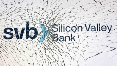 SVB (Silicon Valley Bank) logo is seen through broken glass in this illustration. (REUTERS)