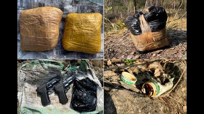 Indian Army recovered two sophisticated pistols, 2kg narcotics and a an IED during an operation conducted along the LoC, at Nowshera in Rajouri on Saturday. (ANI)