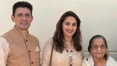 Madhuri Dixit with mother Snehlata Dixit and husband Shriram Nene. Madhuri Dixit with mother Snehlata Dixit and husband Shriram Nene.