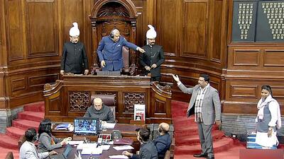 Rajya Sabha chairman Jagdeep Dhankhar asks the Opposition MPs to calm down as they raise slogans in the House during the Budget Session of Parliament. (ANI) Rajya Sabha chairman Jagdeep Dhankhar asks the Opposition MPs to calm down as they raise slogans in the House during the Budget Session of Parliament. (ANI)
