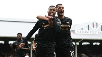 Arsenal's Gabriel celebrates scoring their first goal with William Saliba (REUTERS)