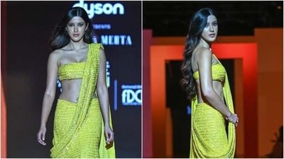 Shanaya Kapoor in sequin saree and tube blouse walks as the showstopper at Lakme Fashion Week. (Instagram) Shanaya Kapoor in sequin saree and tube blouse walks as the showstopper at Lakme Fashion Week. (Instagram)
