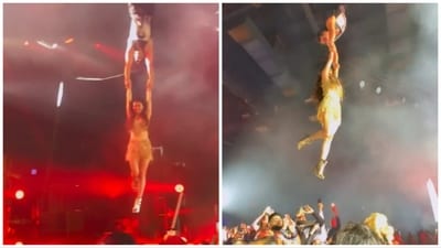 Akshay Kumar and Mouni Roy performed a dangerous aerial stunt during their The Entertainers tour in the US.