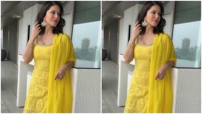 Sunny played muse to fashion designer duo Bhakti and Hitendra and picked a bright yellow salwar kameez from the shelves of the designer house. (Instagram/@sunnyleone) Sunny played muse to fashion designer duo Bhakti and Hitendra and picked a bright yellow salwar kameez from the shelves of the designer house. (Instagram/@sunnyleone)