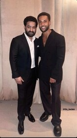 Jr NTR posted a picture with Lucien Laviscount on his Instagram Story. Jr NTR posted a picture with Lucien Laviscount on his Instagram Story.