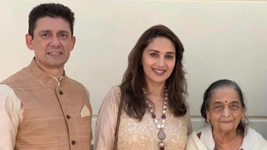 Madhuri Dixit with mother Snehlata Dixit and husband Shriram Nene.