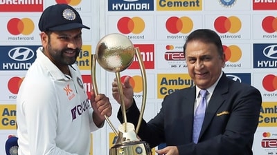 Rohit Sharma being presented with Border-Gavaskar Trophy 2023 by Sunil Gavaskar during the post-match presentation ceremony (ANI) Rohit Sharma being presented with Border-Gavaskar Trophy 2023 by Sunil Gavaskar during the post-match presentation ceremony (ANI)