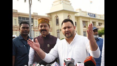 Bihar deputy chief minister Tejashwi Prasad Yadav interacts with the media outside the Bihar assembly on Monday. (Santosh Kumar/HT Photo) Bihar deputy chief minister Tejashwi Prasad Yadav interacts with the media outside the Bihar assembly on Monday. (Santosh Kumar/HT Photo)
