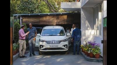 CBI officials leave from the residence of RJD MP Misa Bharti after questioning her father and party chief Lalu Prasad in land-for-jobs case, in New Delhi on March 7. (PTI) CBI officials leave from the residence of RJD MP Misa Bharti after questioning her father and party chief Lalu Prasad in land-for-jobs case, in New Delhi on March 7. (PTI)
