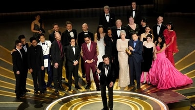 The cast and crew of Everything Everywhere All at Once accepts the award for best picture at the Oscars on Sunday. The cast and crew of Everything Everywhere All at Once accepts the award for best picture at the Oscars on Sunday.