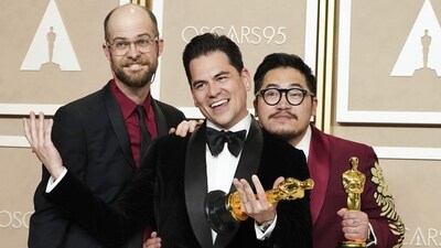 Daniel Scheinert, Jonathan Wang and Daniel Kwan pose with the award for best picture for Everything Everywhere All at Once. (AP) Daniel Scheinert, Jonathan Wang and Daniel Kwan pose with the award for best picture for Everything Everywhere All at Once. (AP)