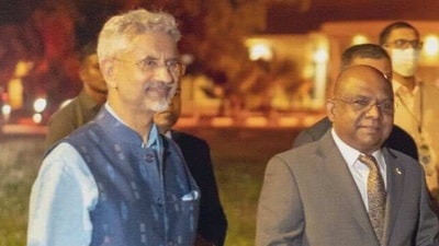 External Affairs Minister S Jaishankar (L) with Maldives foreign minister Abdulla Shahid. (Twitter) External Affairs Minister S Jaishankar (L) with Maldives foreign minister Abdulla Shahid. (Twitter)