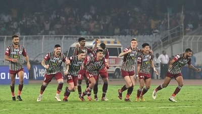ATK Mohun Bagan FC players jubilate after winning the tie breaker against Hyderabad FC (HT Photo) ATK Mohun Bagan FC players jubilate after winning the tie breaker against Hyderabad FC (HT Photo)