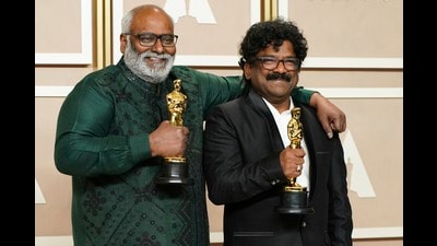 MM Keeravaani and Chandrabose, winners of the award for best original song for "Naatu Naatu" from "RRR" pose in the press room at the Oscars on March 12, 2023, (AP) MM Keeravaani and Chandrabose, winners of the award for best original song for "Naatu Naatu" from "RRR" pose in the press room at the Oscars on March 12, 2023, (AP)