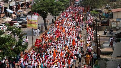 Navi Mumbai, India - March 13, 2023: MVA activists protest against Panvel Municipal Corporation's (PMC) decision to collect property tax, at Panvel, in Navi Mumbai, India, on Monday, March 13, 2023. (Photo by Bachchan Kumar/ HT PHOTO) (HT PHOTO) Navi Mumbai, India - March 13, 2023: MVA activists protest against Panvel Municipal Corporation's (PMC) decision to collect property tax, at Panvel, in Navi Mumbai, India, on Monday, March 13, 2023. (Photo by Bachchan Kumar/ HT PHOTO) (HT PHOTO)
