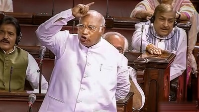 Congress MP Mallikarjun Kharge speaks in the Rajya Sabha during Budget Session of Parliament in New Delhi on Monday, (PTI)