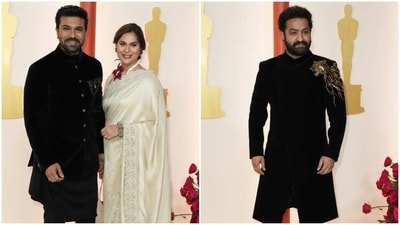 RRR actors Ram Charan, with Upasana Kamineni, and Jr NTR arrive at the Academy Awards red carpet. (AP) RRR actors Ram Charan, with Upasana Kamineni, and Jr NTR arrive at the Academy Awards red carpet. (AP)