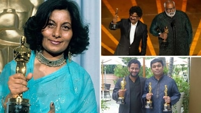 Bhanu Athaiya (top front), MM Keeravani and Chandrabose (top right), A. R. Rahman and Resul Pookutty (bottom right) with their Oscars. Bhanu Athaiya (top front), MM Keeravani and Chandrabose (top right), A. R. Rahman and Resul Pookutty (bottom right) with their Oscars.