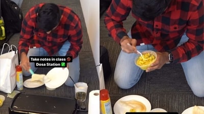 The image shows Pedda P plating dosa for students during a college lecture. (Instagram/@pranavpannala)