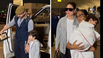 Saif Ali Khan, Taimur, Kareena Kapoor and Jehangir at the Mumbai airport on Monday. (Viral Bhayani) Saif Ali Khan, Taimur, Kareena Kapoor and Jehangir at the Mumbai airport on Monday. (Viral Bhayani)